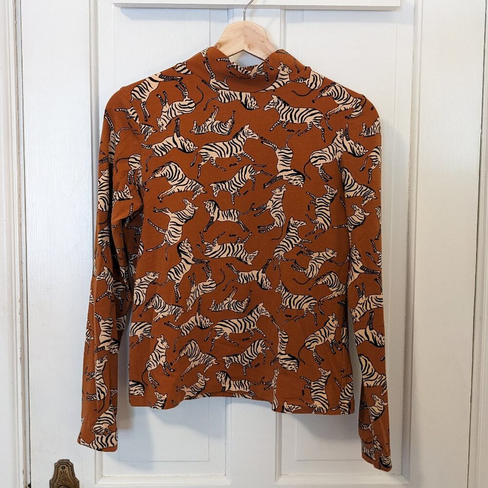 Anthropologie Maeve Burnt Orange Mock Neck Zebra Long Sleeve Tee